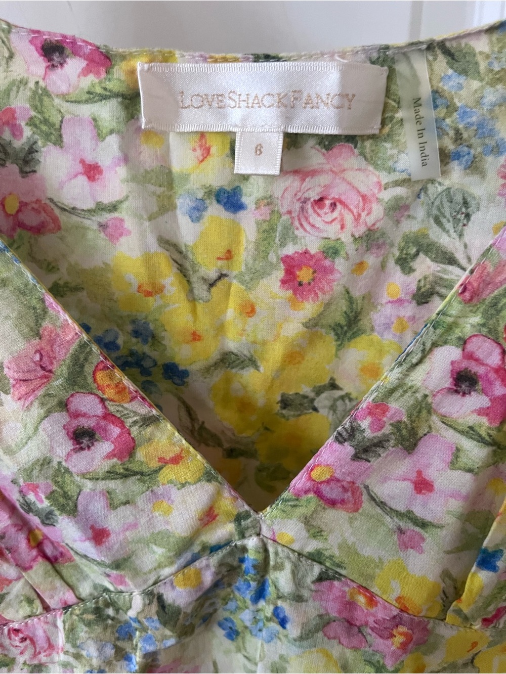LoveShackFancy Yellow, Pink & Green Floral V-Neck Dress